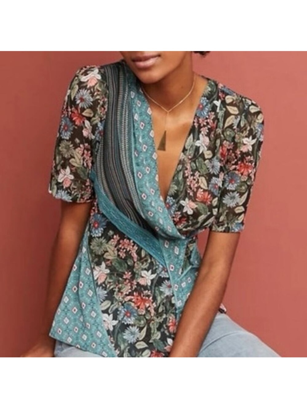 Anthropologie tiny Floral Mix-Print V-Neck Wrap Top in Teal and Black